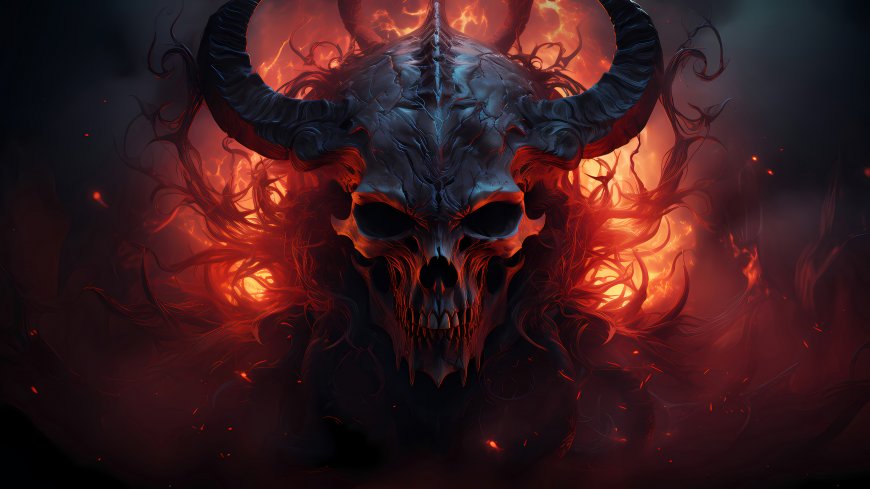 暗黑魔王骷髅红焰巨角地狱气息创意暗黑电脑壁纸