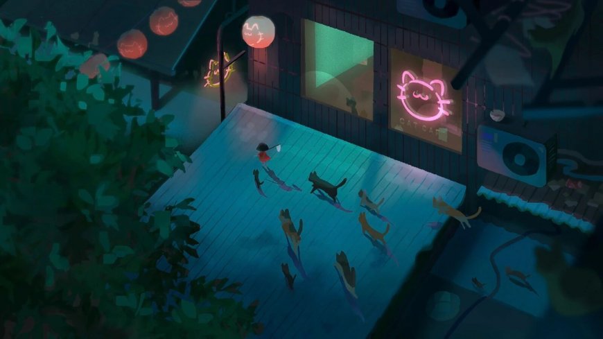 猫咪咖啡馆霓虹灯夜景少女与猫群温馨动漫电脑壁纸