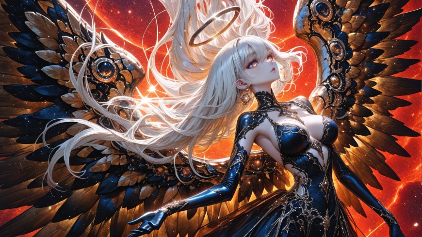 白发少女展机械羽翼头顶光环仰望星空橙红宇宙背景唯美奇幻人物电脑壁纸