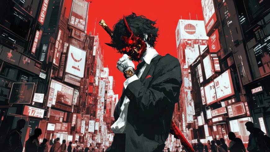 红天背景下鬼面西装男持刀赛博都市暗黑风创意电脑壁纸