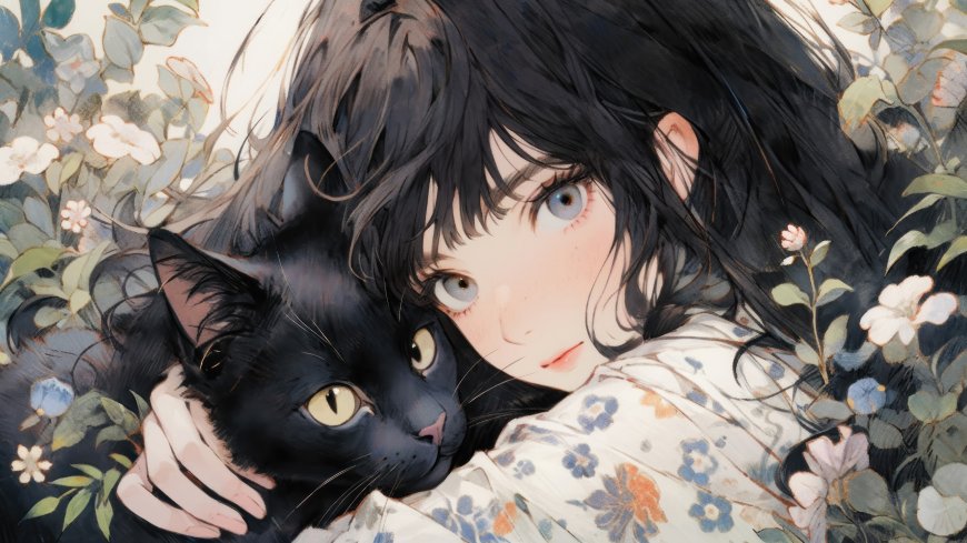 黑发少女抱黑猫卧白花绿叶间温柔治愈系动漫人物电脑壁纸