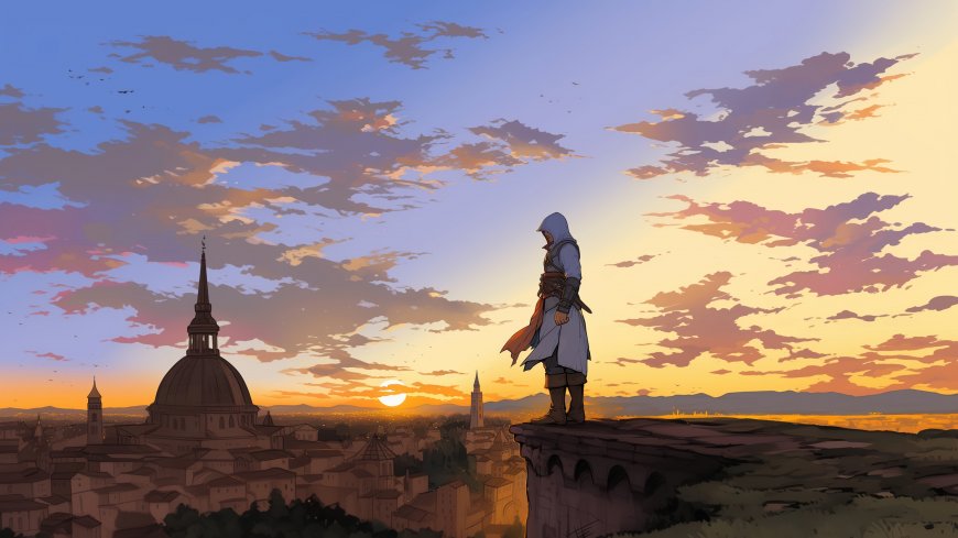 刺客信条主角立古城墙顶夕阳染云橙黄天空游戏场景电脑壁纸