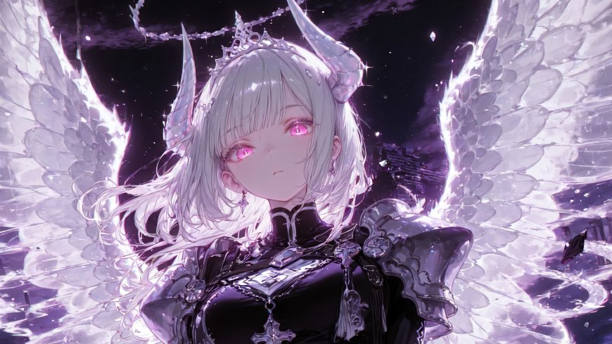白发粉瞳少女戴银角冠展透明水晶翼星空背景下暗黑奇幻风动漫人物电脑壁纸