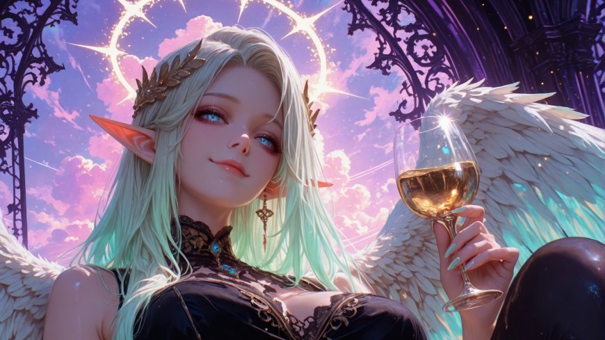 白发精灵少女持酒杯展羽翼梦幻天堂风格二次元人物电脑壁纸