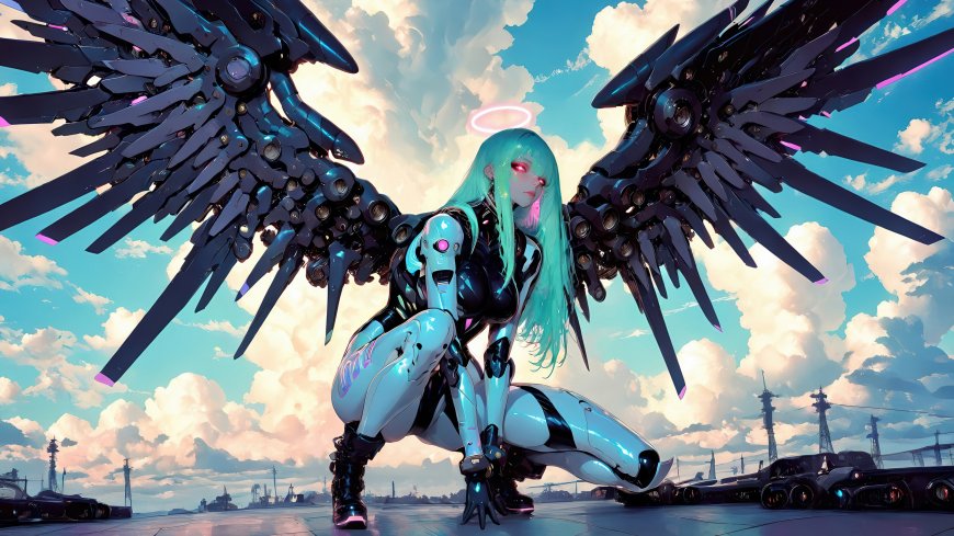 机械天使少女青发机甲巨翼赛博朋克科幻动漫电脑壁纸