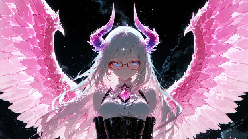 白发少女戴红框眼镜展粉色羽翼头顶紫角暗黑奇幻风唯美动漫人物电脑壁纸