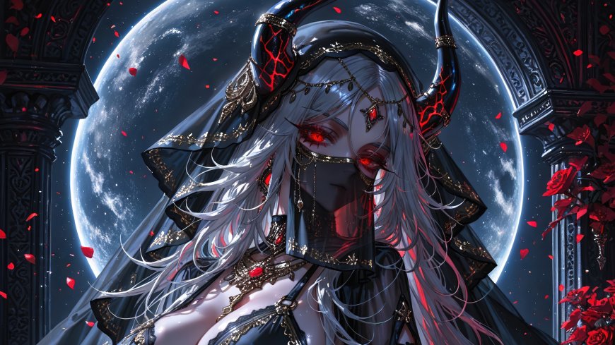 白发恶魔女王戴角冠红瞳玫瑰飘落哥特奇幻风人物电脑壁纸