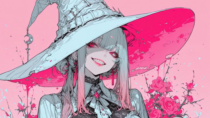 灰发少女戴宽檐帽露齿微笑身侧玫瑰绽放粉调暗黑风奇幻人物电脑壁纸