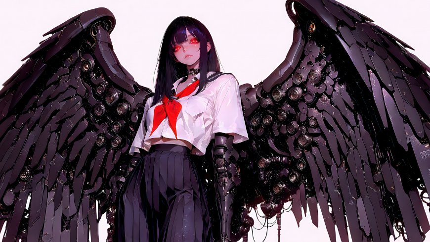 黑发少女穿白衬衫红领结背生巨大机械黑翼暗黑科幻风动漫人物电脑壁纸
