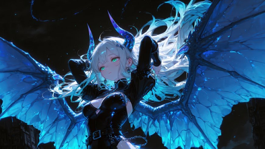 白发龙角少女张蓝翼黑衣紧身暗夜星空奇幻风格人物电脑壁纸