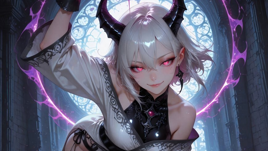 恶魔角少女紫焰环绕哥特教堂神秘人物电脑壁纸