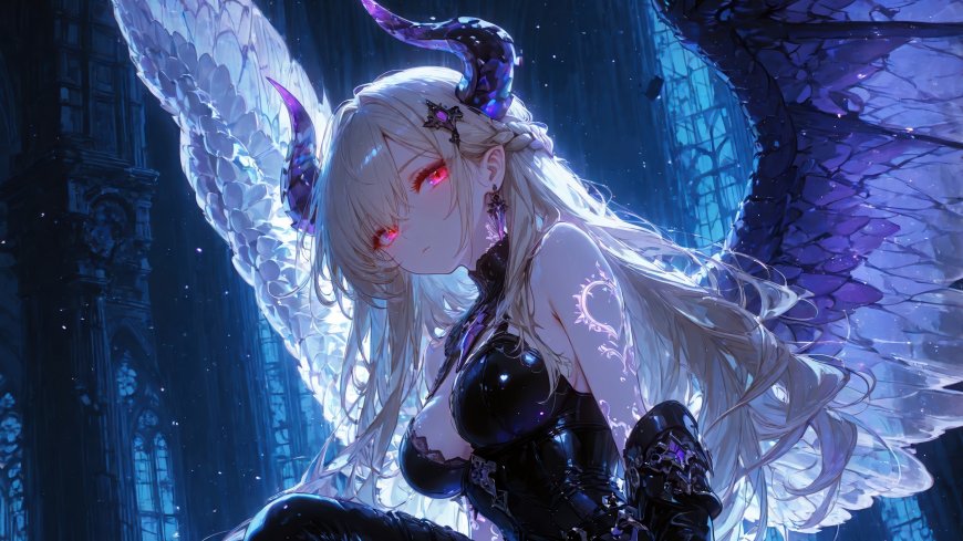 白发龙角少女张巨翼黑衣紧身暗夜城堡奇幻风格人物电脑壁纸