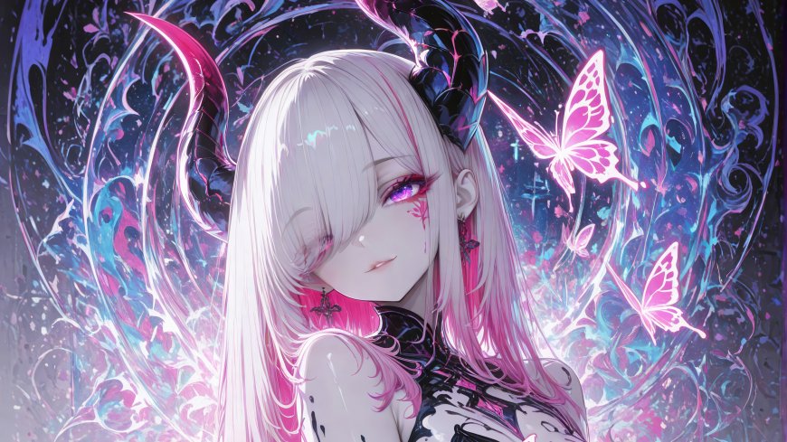 粉发恶魔少女蝴蝶环绕梦幻暗黑二次元人物电脑壁纸