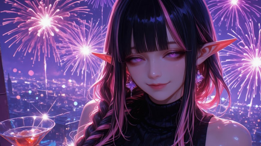 精灵耳少女烟花夜景粉发微醺唯美人物电脑壁纸