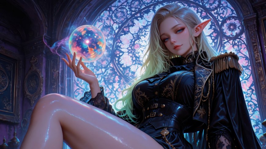 精灵少女手持魔法球华丽宫廷窗花唯美奇幻动漫人物电脑壁纸