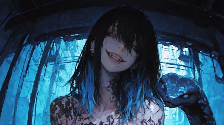 蓝调蛇纹黑发少女邪魅微笑与巨蛇共生暗黑系人物电脑壁纸