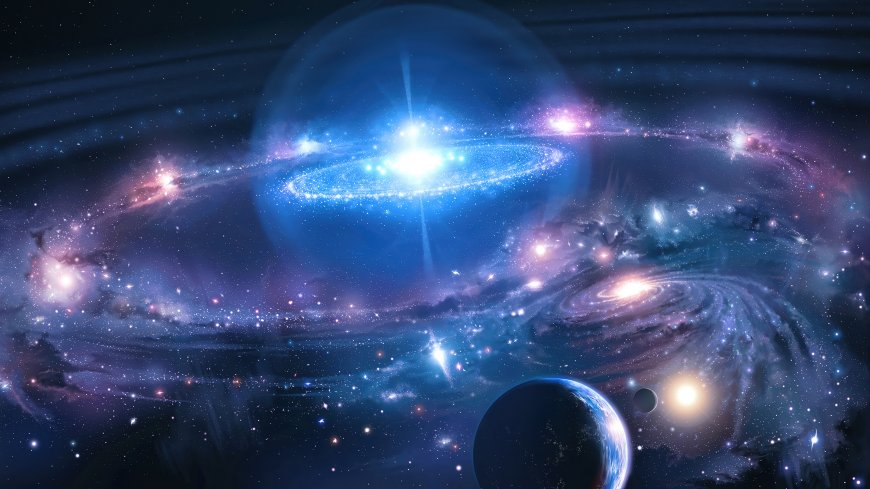 蓝色旋涡星系悬浮深空行星环绕紫红光晕科幻太空创意电脑壁纸