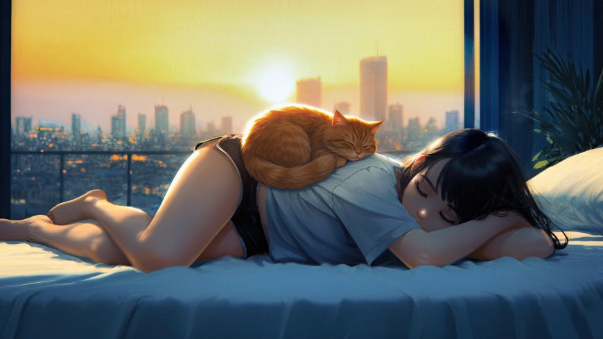 美女与橘猫床上共眠城市日落温馨治愈人物电脑壁纸