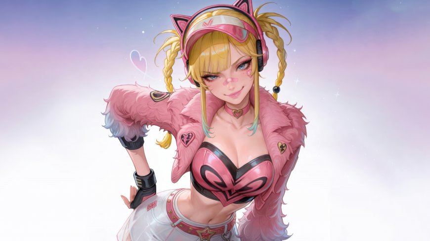 漫威争锋魔剑客穿粉色毛绒装戴猫耳耳机比心眨眼甜美治愈动漫人物电脑壁纸