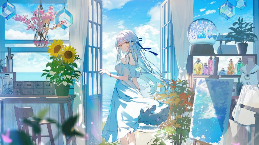 蓝发少女海边画室窗边向日葵清新治愈系动漫电脑壁纸