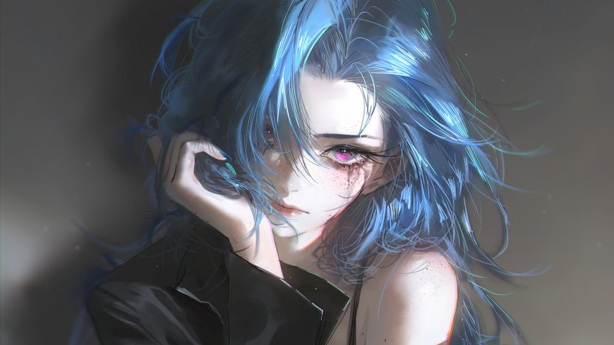 蓝发少女手抚脸颊眼神忧郁水彩质感二次元人物电脑壁纸