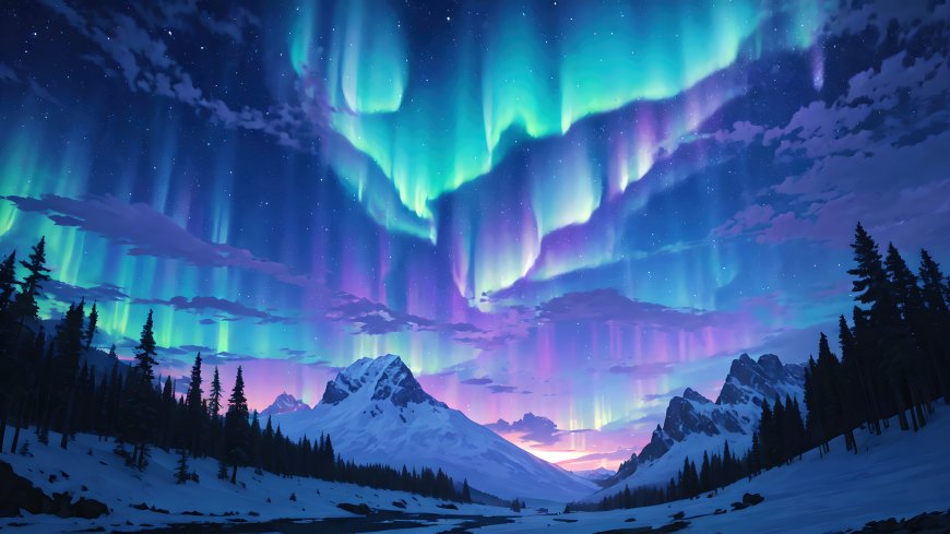 绿紫极光舞于雪峰之上松林静立梦幻星空自然风景电脑壁纸