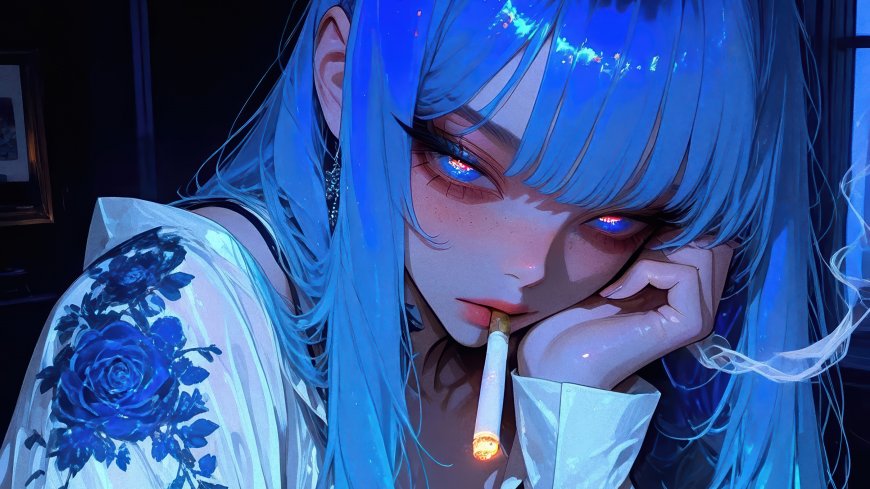 蓝发少女叼香烟托腮凝视蓝色光影洒落面庞忧郁唯美动漫人物电脑壁纸