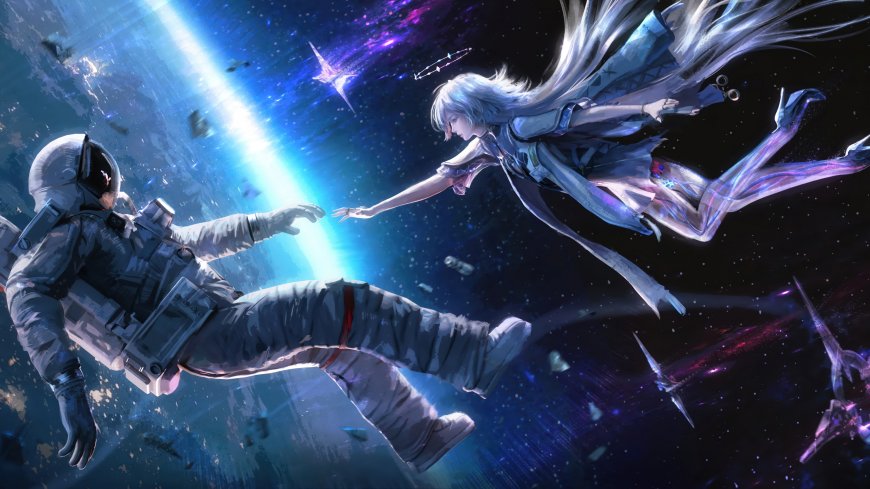 鸣潮宇航员与白发少女太空伸手相触星云璀璨科幻创意电脑壁纸