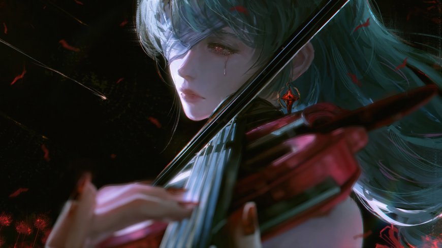 鸣潮弗洛洛小提琴少女拉小提琴泪滴滑落红花瓣飘散暗黑奇幻风动漫人物电脑壁纸
