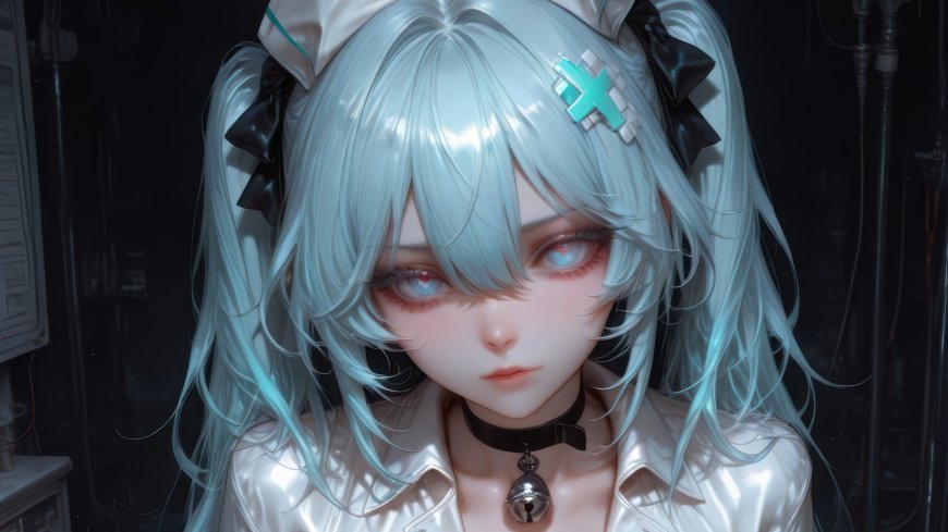浅蓝发少女戴护士帽颈挂铃铛暗黑背景赛博朋克风人物电脑壁纸