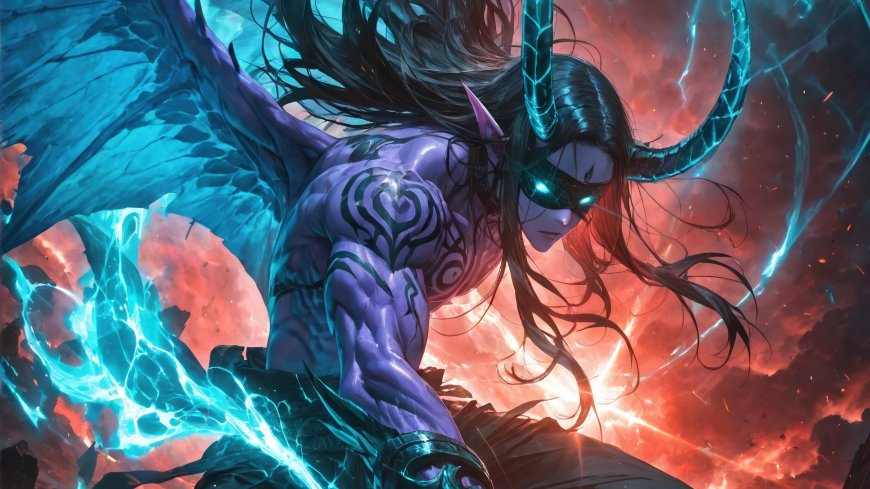 魔兽世界伊利丹恶魔形态展翼挥刃红蓝能量风暴奇幻战斗游戏人物电脑壁纸