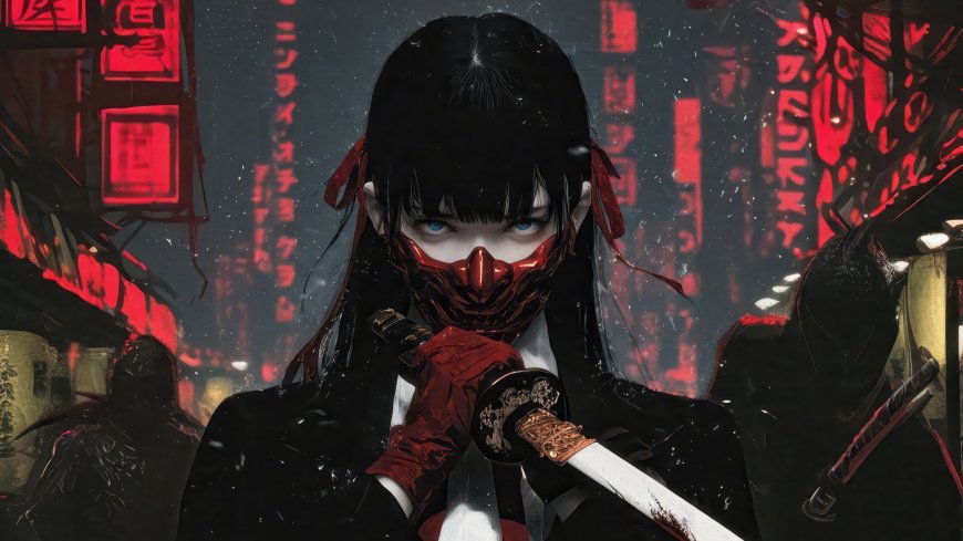 赛博朋克红面罩女武士持刀霓虹夜景科幻动漫电脑壁纸
