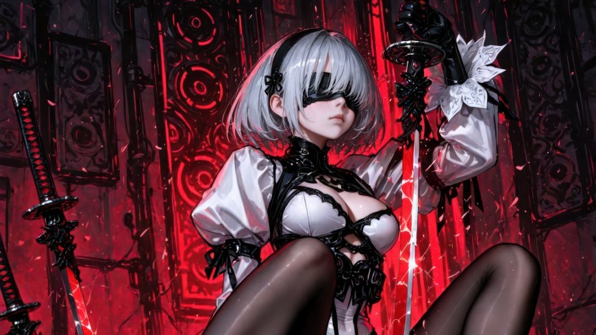 尼尔机械纪元2B少女银发眼罩持刀暗黑哥特风动漫电脑壁纸