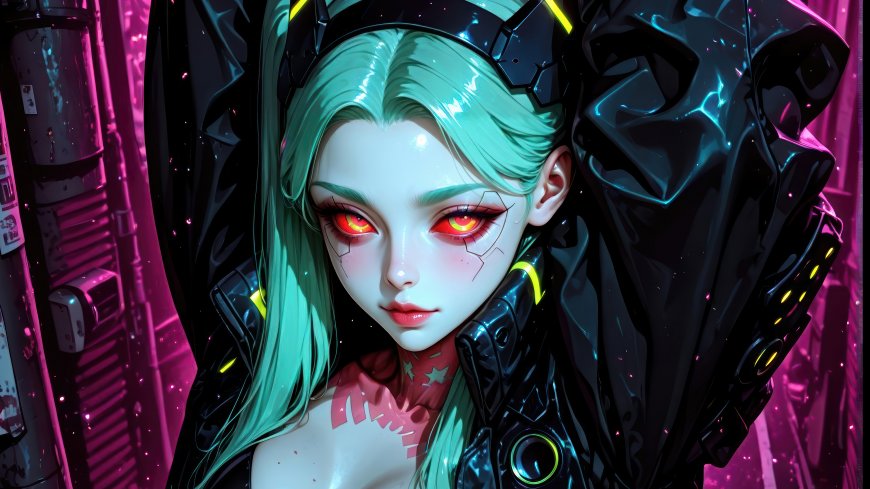 赛博朋克边缘行者瑞贝卡绿发机械装甲红瞳科幻少女动漫电脑壁纸