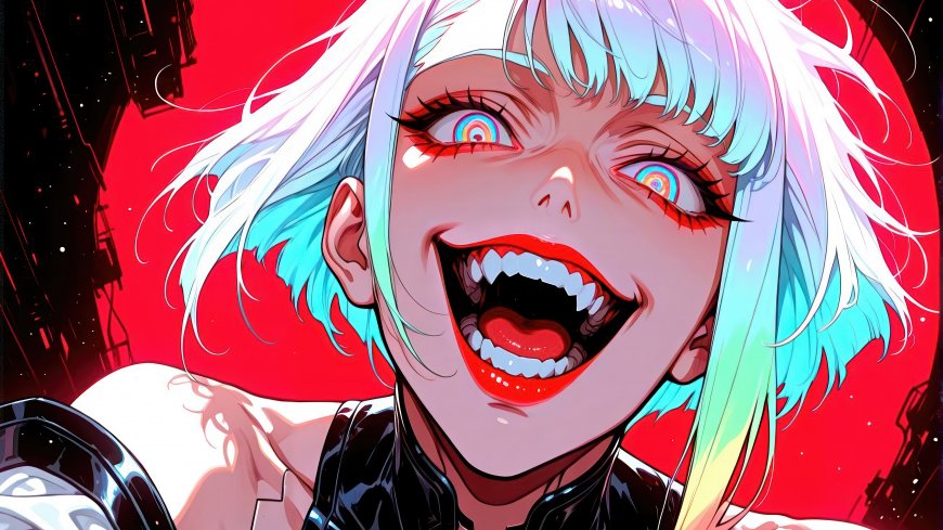 赛博朋克边缘行者露西彩虹眼白发狂笑科幻少女动漫电脑壁纸