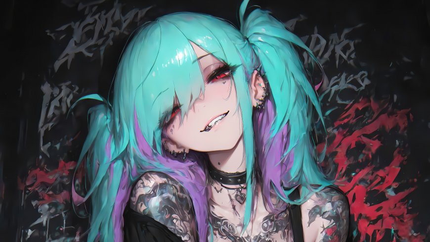 青紫双马尾纹身少女邪笑暗黑涂鸦背景二次元人物电脑壁纸
