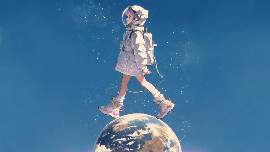 宇航服小女孩漫步地球星空梦幻科幻创意电脑壁纸