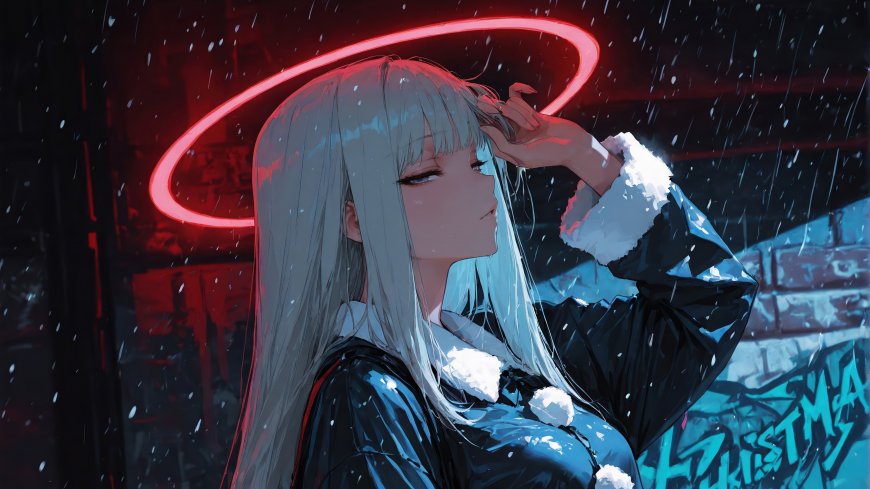 银发少女头顶光环雪中侧脸忧郁氛围动漫电脑壁纸