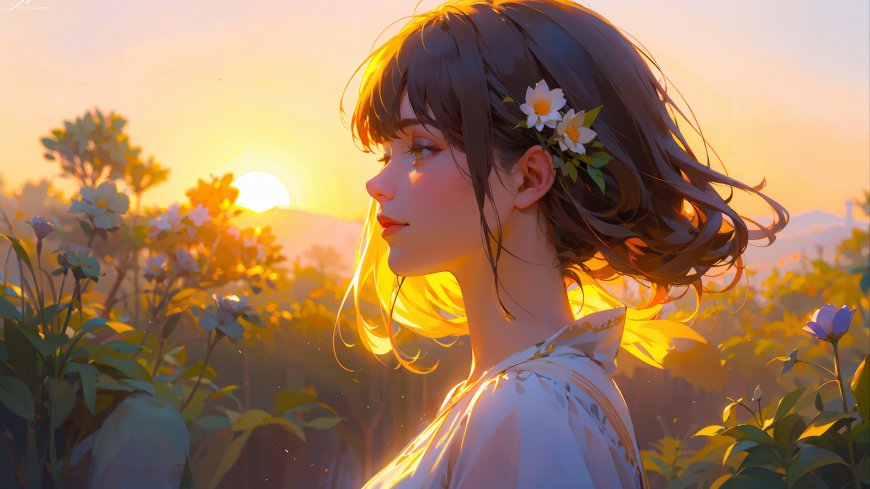 夕阳下黑发少女头戴白花侧脸唯美治愈系动漫电脑壁纸