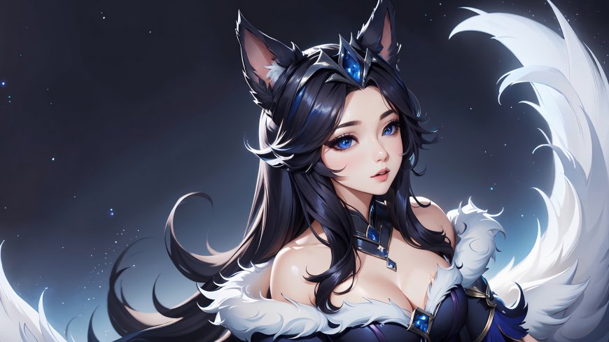 英雄联盟九尾妖狐阿狸黑发猫耳星空背景唯美少女动漫电脑壁纸
