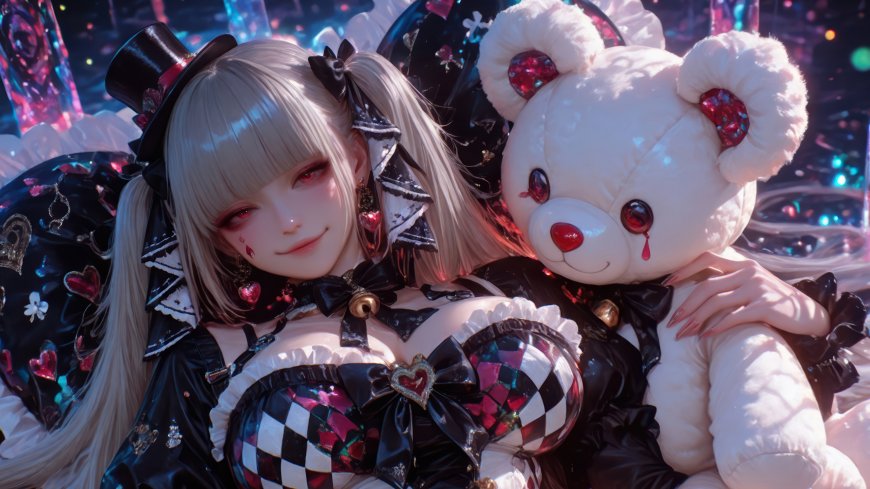银发双马尾少女抱白熊穿哥特裙霓虹背景暗黑奇幻人物电脑壁纸