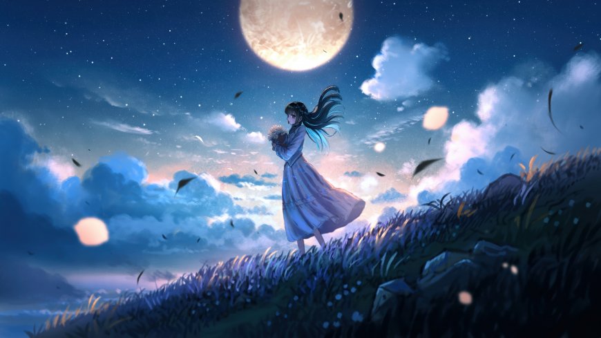 星空下长发少女捧花仰望明月唯美动漫电脑壁纸