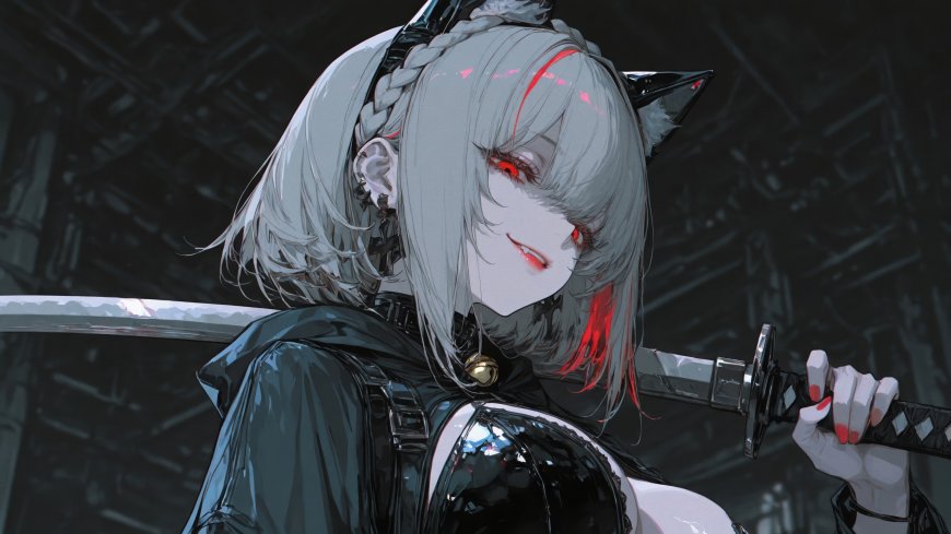 银发少女戴猫耳持长刀立于暗巷之中红瞳微眯冷酷帅气动漫人物电脑壁纸