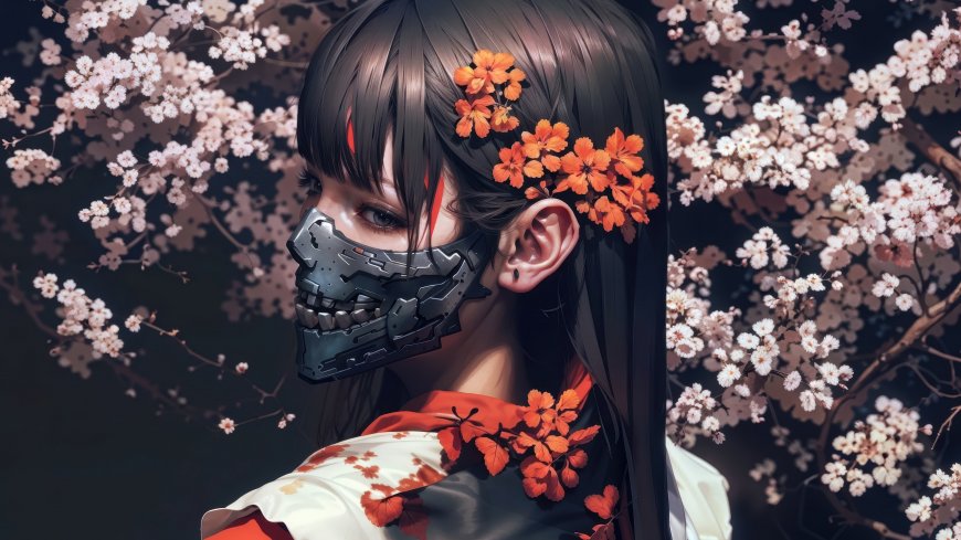 樱花树下戴机械面具少女橙花点缀和风科幻融合人物电脑壁纸