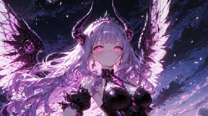 紫发粉瞳少女戴黑角冠展黑白双翼暗黑哥特风唯美奇幻动漫人物电脑壁纸