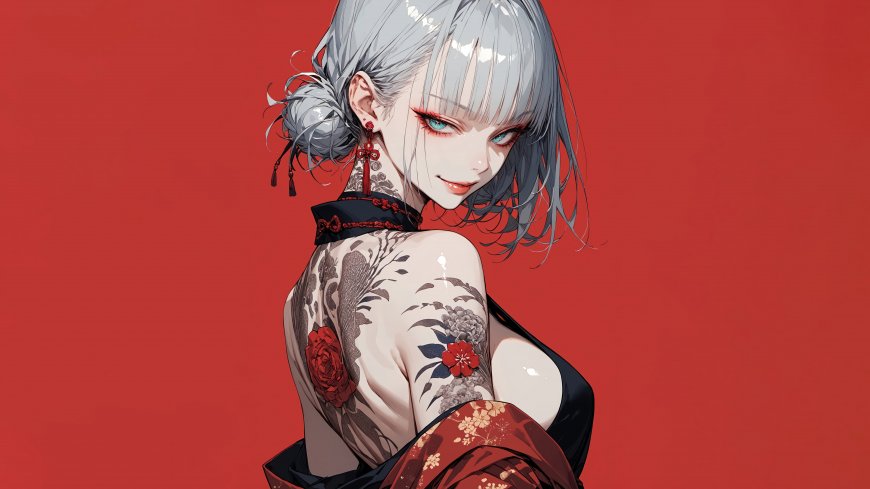 银发少女背对镜头回眸浅笑肩部牡丹纹身配红色和服古典唯美动漫人物电脑壁纸