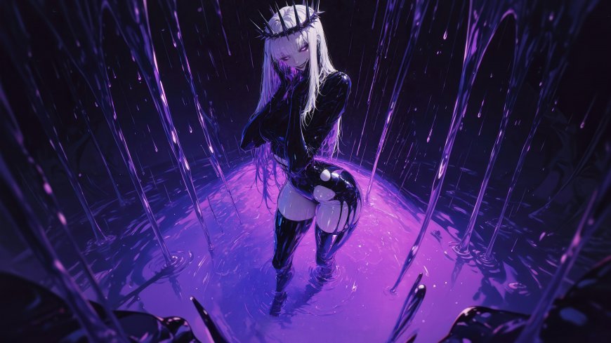 紫雨中戴尖冠黑衣少女水花四溅神秘暗黑系人物电脑壁纸