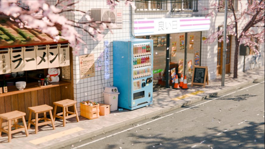 日本街景樱花拉面店自动贩卖机治愈系动漫电脑壁纸