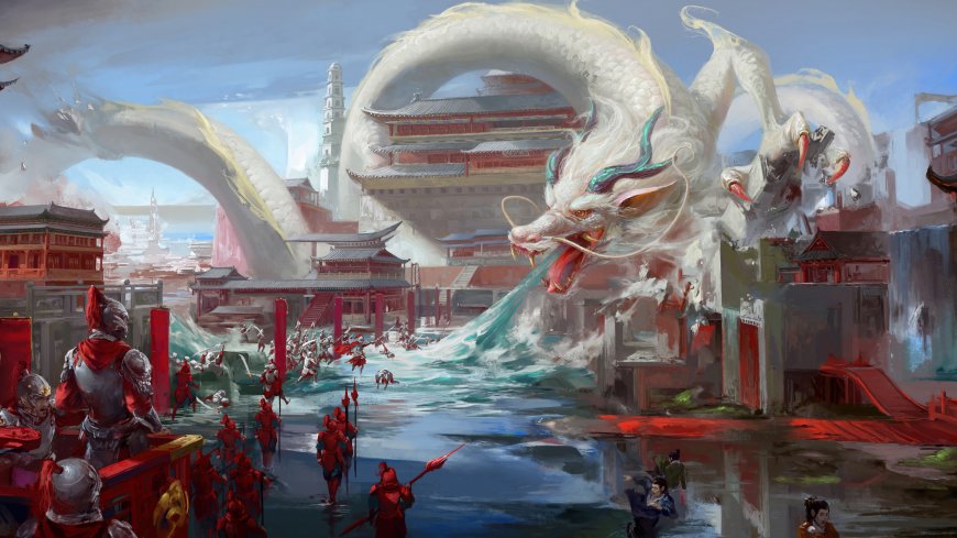 白龙腾跃古建筑间掀起巨浪红甲士兵列阵古风战争场景插画电脑壁纸