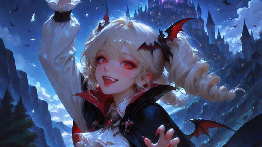 吸血鬼少女古堡夜景蝙蝠环绕暗黑奇幻动漫人物电脑壁纸